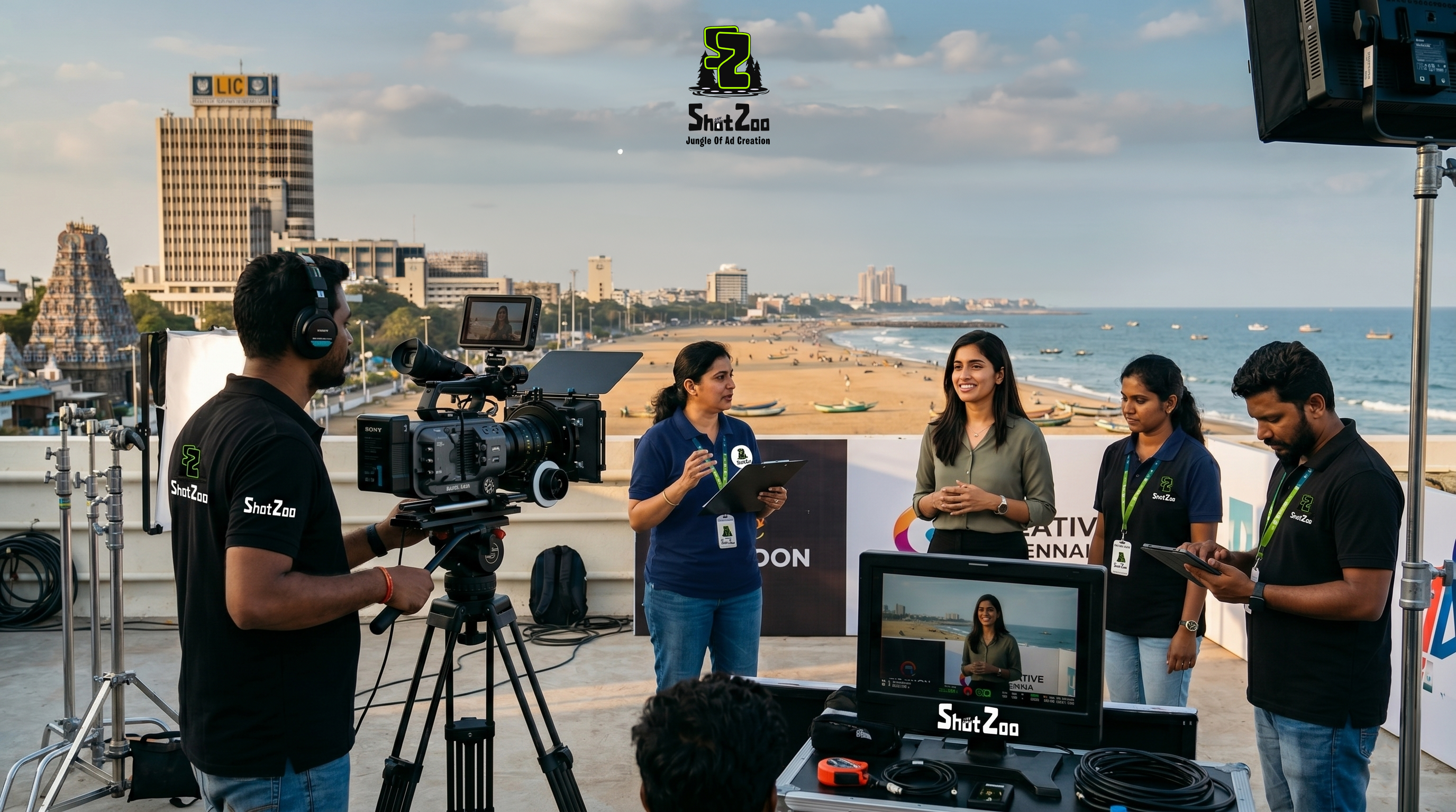 ShotZoo team filming a professional outdoor commercial shoot, showcasing a leading Video Production Company in Chennai at Marina Beach.