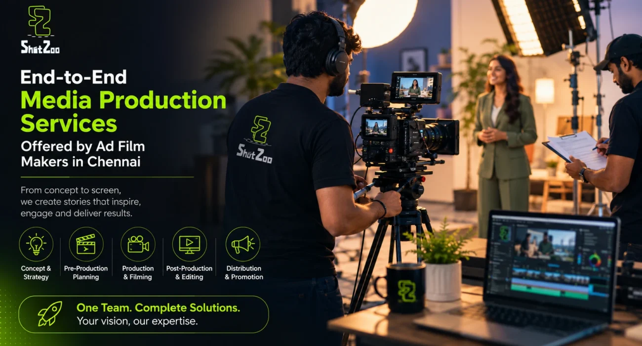Professional ad film makers in Chennai filming a commercial with a high-end production crew and cinema camera.