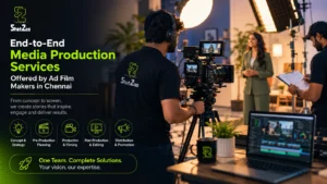 Professional ad film makers in Chennai filming a commercial with a high-end production crew and cinema camera.