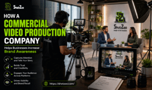 Commercial video production company filming a professional brand awareness campaign in a modern studio with camera crew and production equipment