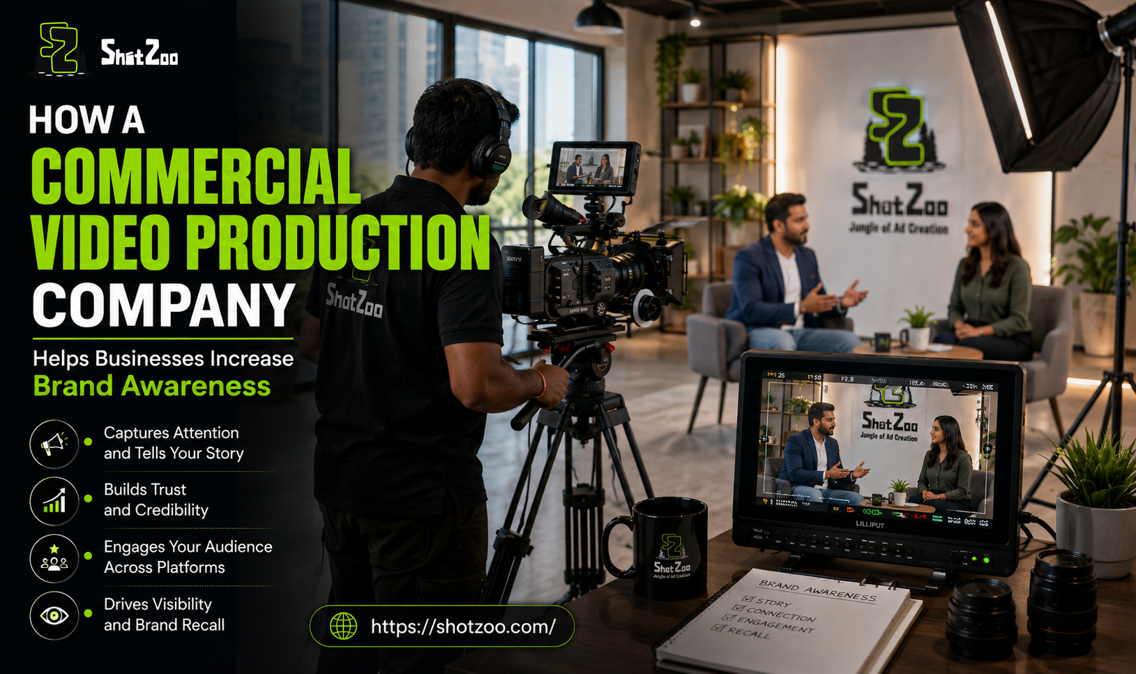 Commercial video production company filming a professional brand awareness campaign in a modern studio with camera crew and production equipment